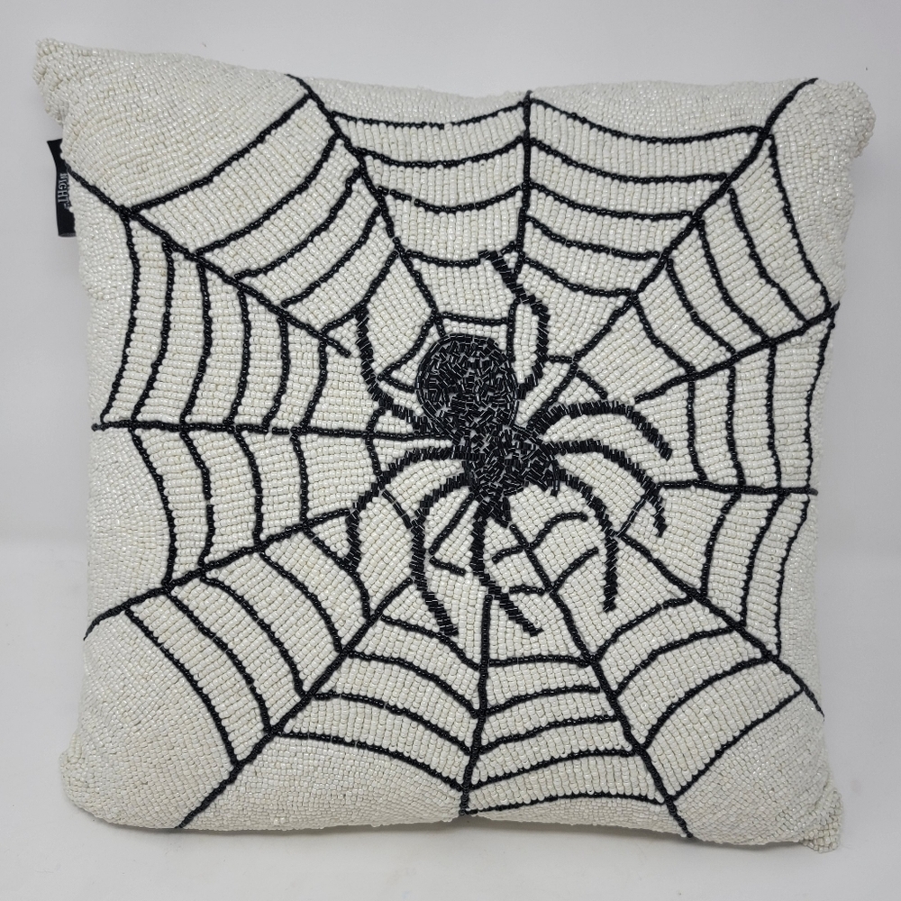 Set Of 2 Noir Night Halloween Spider Web 16" Beaded Decorative Pillow